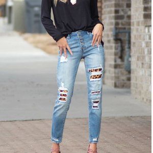 High Rise Boyfriend Jeans With Leopard Patches by Kan Can
